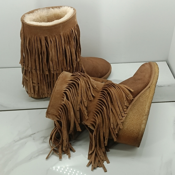 Koolaburra Shoes Ugg Koolaburra Fringe Leather Australian Fur Lined Wedge Boots Size Womens